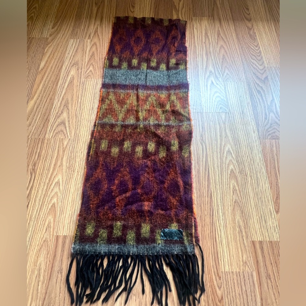 Vintage Wool Aztec Pattern Scarf with Fringe Brown Multicolor Boho